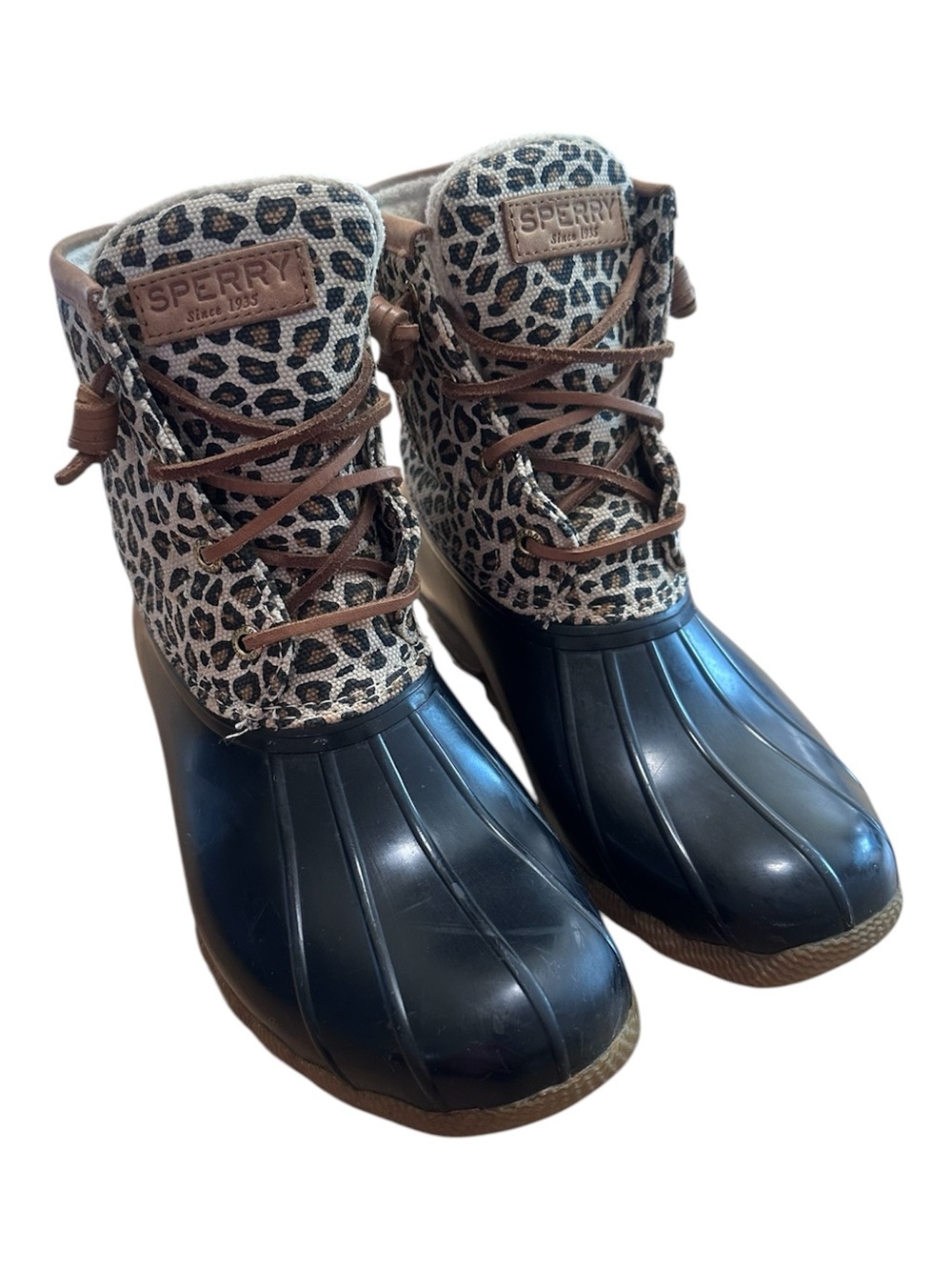 Sperry leopard animal print saltwater duck boots women’s 8